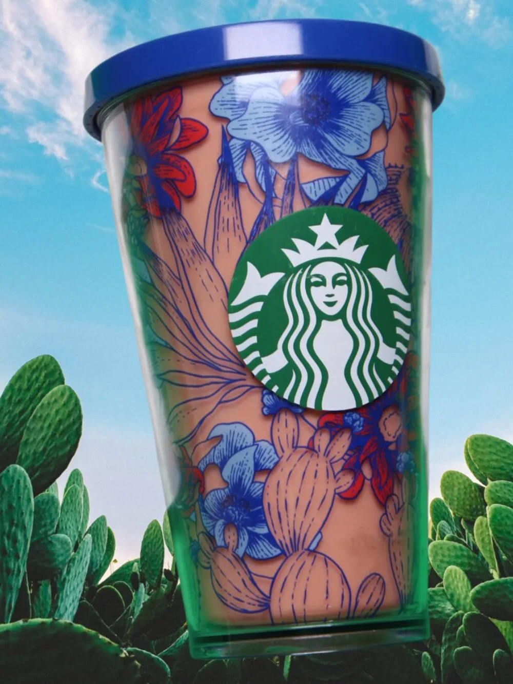 STARBUCKS Rare 2019 Tumbler Blue Red Cactus Floral Desert Grande 16 Oz Cold Cup